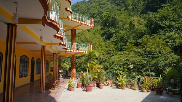 Un edificio con fachada amarilla, varios balcones y plantas en macetas.