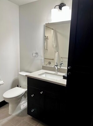 A bathroom with a toilet, sink, and mirror. - Brick & Bed - Cheery Riverfront Loft Walk to Arch (St. Louis)