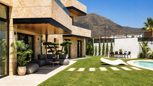 A modern building with a pool, outdoor seating, and a mountain view. - Luxury Modern Villa with Private Pool and Rooftop Terrace (Estepona)