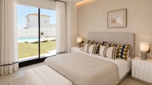 A bedroom with a large bed, two bedside tables with lamps, a view of a pool, and a white building outside. - Luxury Modern Villa with Private Pool and Rooftop Terrace (Estepona)