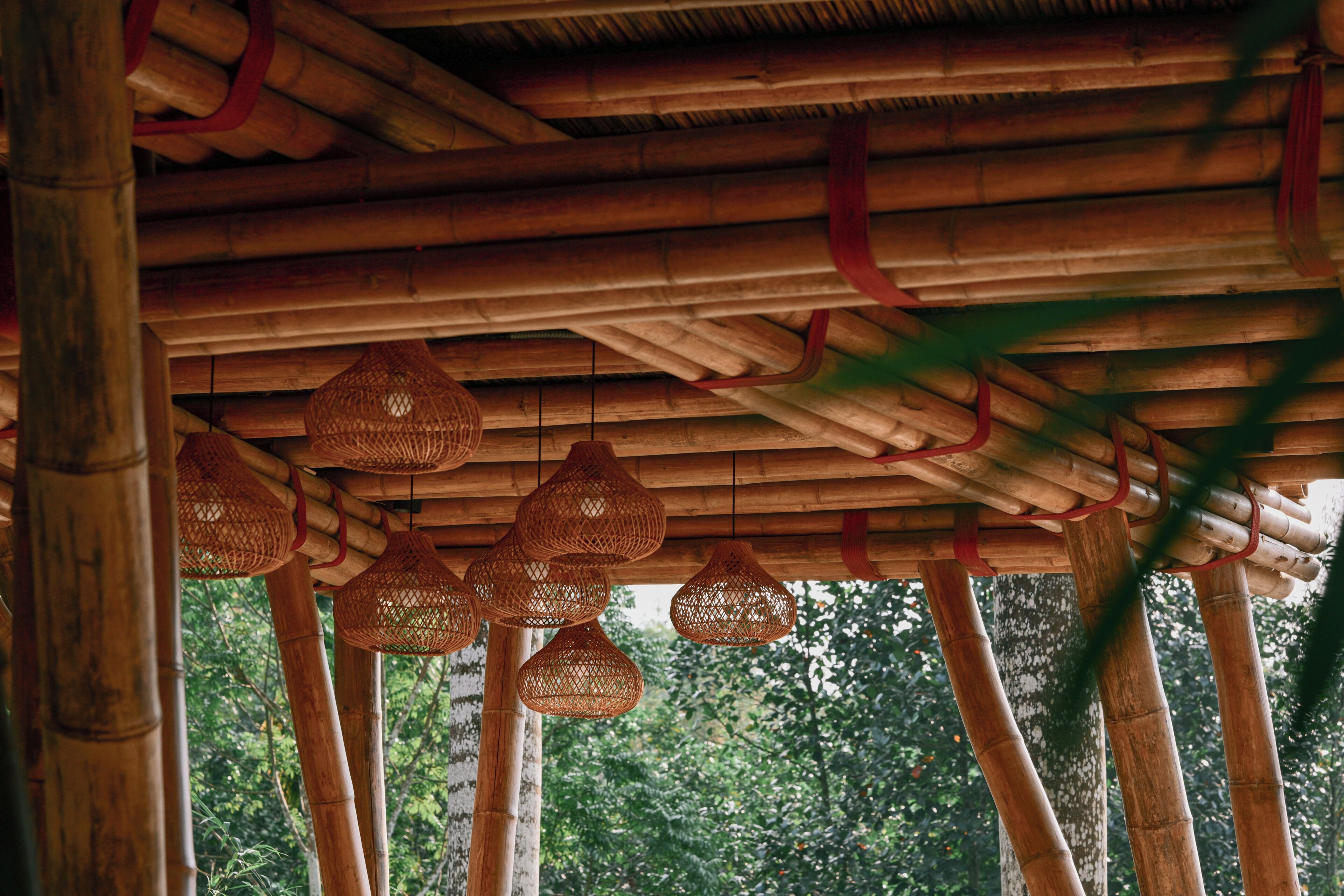 A bamboo structure with woven hanging lamps and a view of greenery outside.