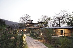 A two-story building with a stone pathway leading to it, surrounded by vegetation. - Bhuvan Aarogyam Vanvaasi  (Rajnagar)