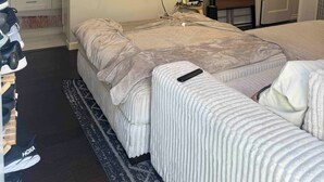 A bedroom with a bed, a TV, a ceiling fan, a door, and a shoe rack. - 1 Bed, 1 Bath - Fully Furnished Modern Del Rey Home (Los Angeles)