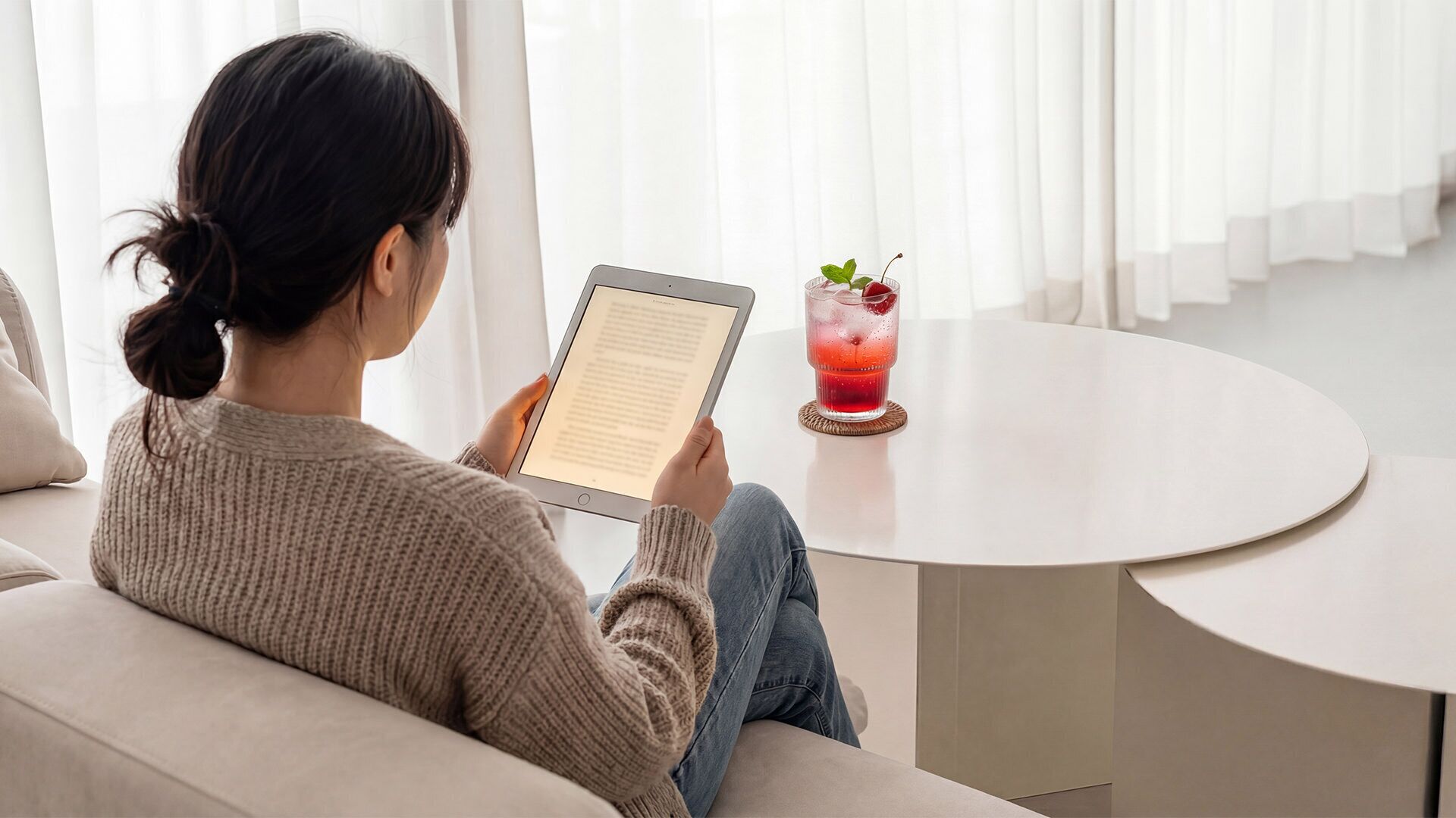 A person sitting on a sofa with a tablet, a glass of drink, and a window with curtains in the background.