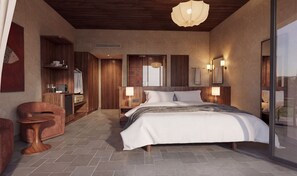 Suite Design, vista mare | Cassaforte in camera, una scrivania, postazione laptop, tende oscuranti