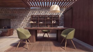 A modern dining area with a stone wall, wooden ceiling, and a built-in bookshelf. - Lofos Social House (Hersonissos)
