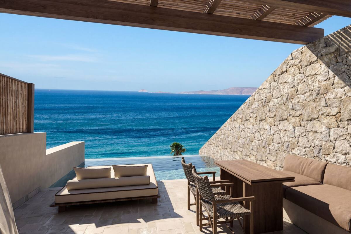 A terrace with a stone wall, a wooden table, a sofa, and a view of the sea.