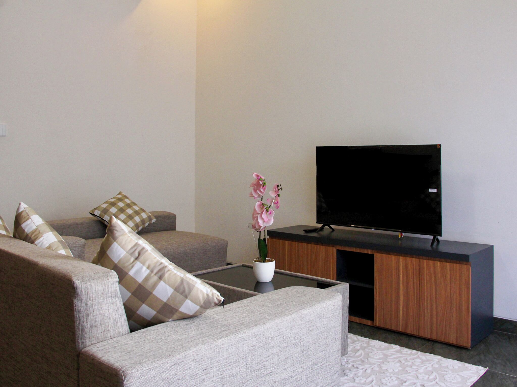 Una sala de estar moderna con un sofá, una mesa de centro, un televisor y un aparador.