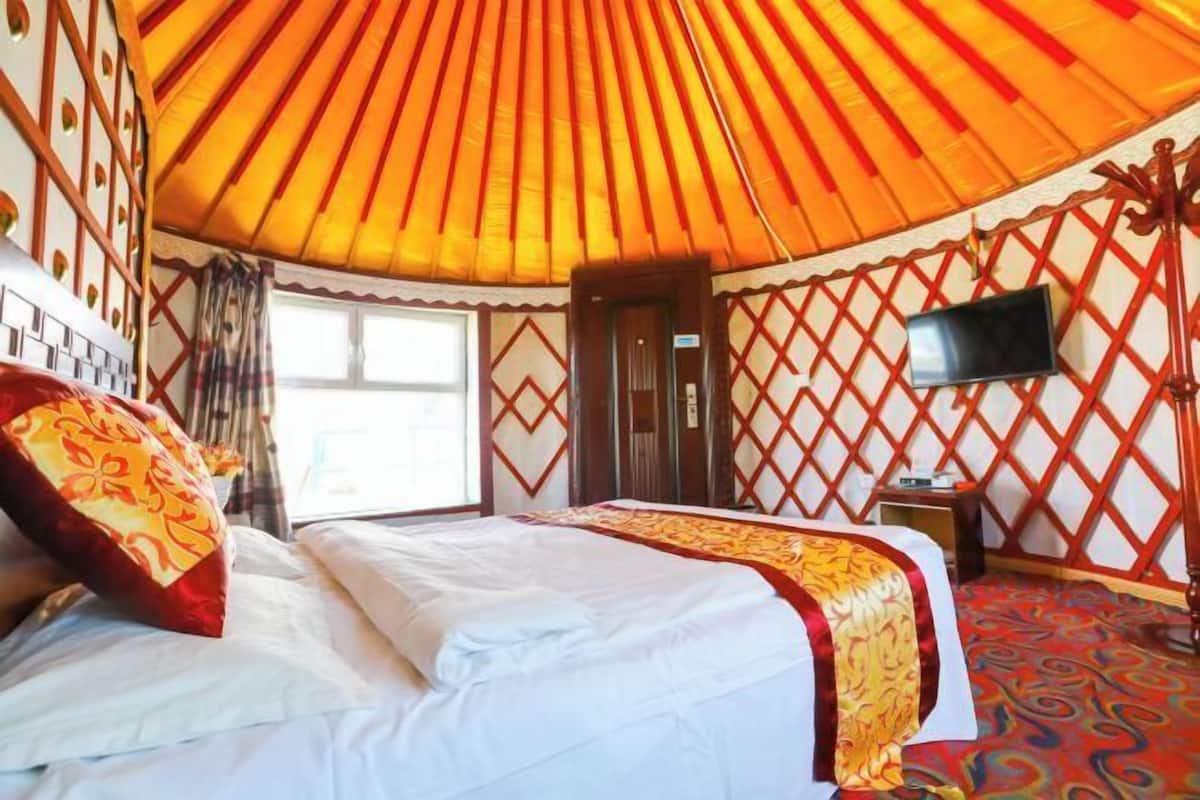 Una yurta con una cama, un televisor y una ventana.