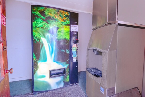 Una habitación con puerta decorada con un mural de cascada, una máquina expendedora y un cesto de basura.