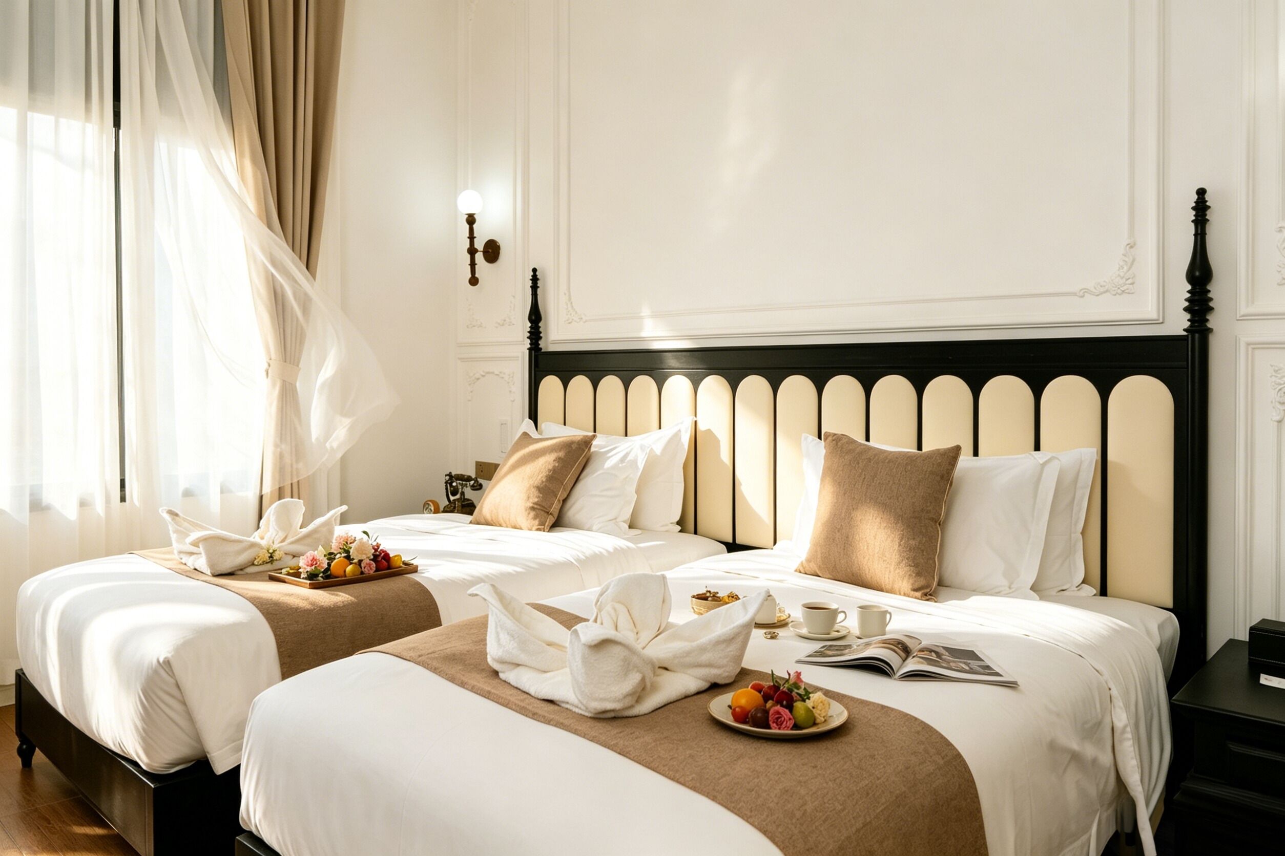 Hotelkamer met twee bedden, een nachtkastje met lamp, een raam met dunne gordijnen, en een dienblad met fruit en een kopje op het bed.
