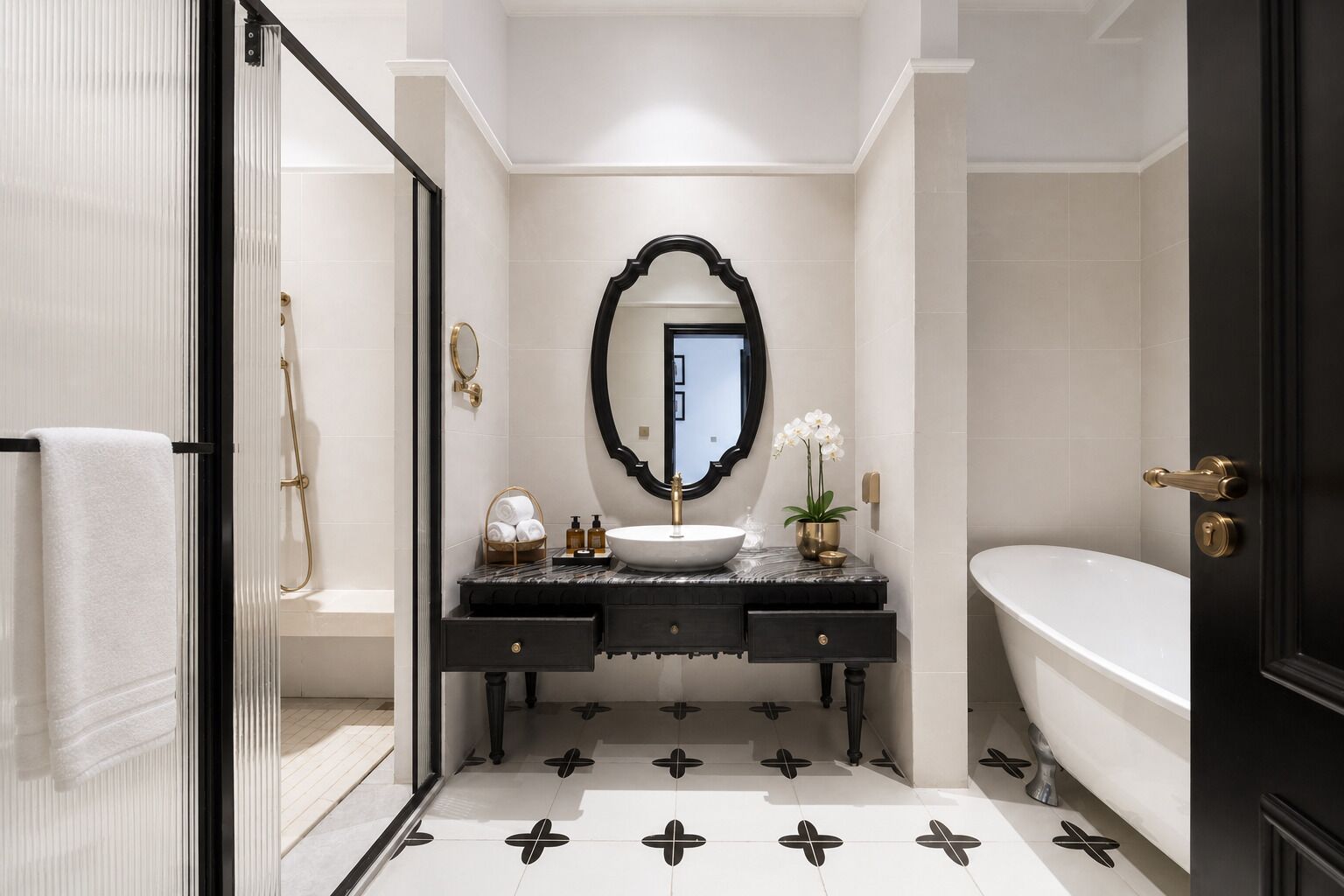A modern bathroom with a freestanding bathtub, a vanity with a large mirror, and a patterned floor.