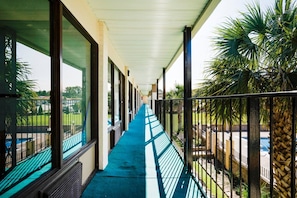 A covered corridor with a blue floor, large windows, and a view of a pool and palm trees.