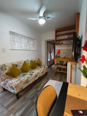 A living room with a sofa, a dining table, a ceiling fan, and a kitchen area with shelves and a TV.