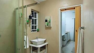 Casa de banho com cabine de chuveiro em vidro, lavatório branco e espelho.