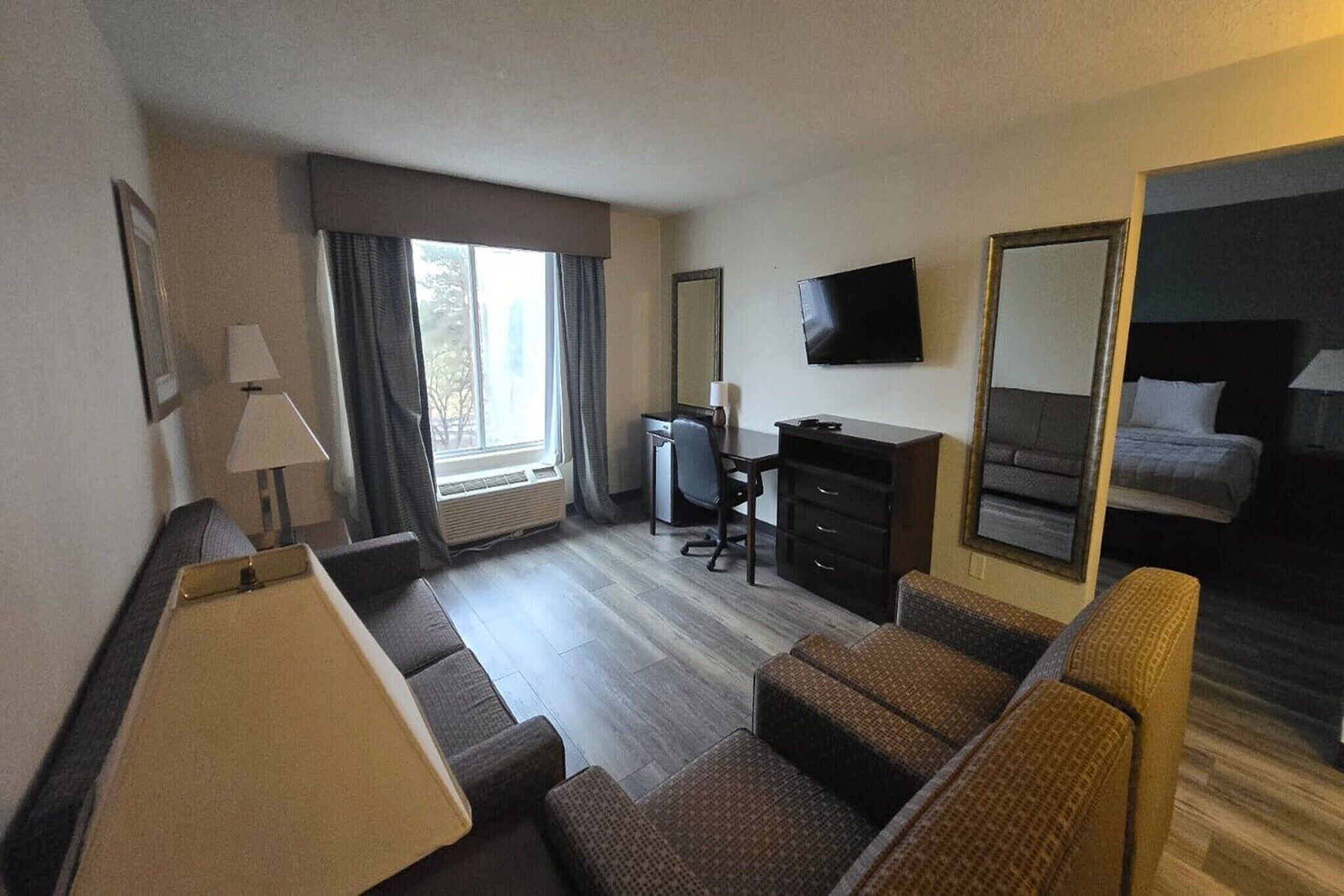 Una habitación de hotel con sofá, escritorio, televisor, espejo y cama.