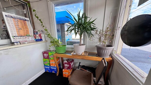 A small room with a window, a desk with a chair, a potted plant, and a menu on the wall.