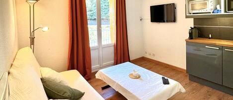 A compact room with a sofa, a small table, a TV, and a kitchenette.