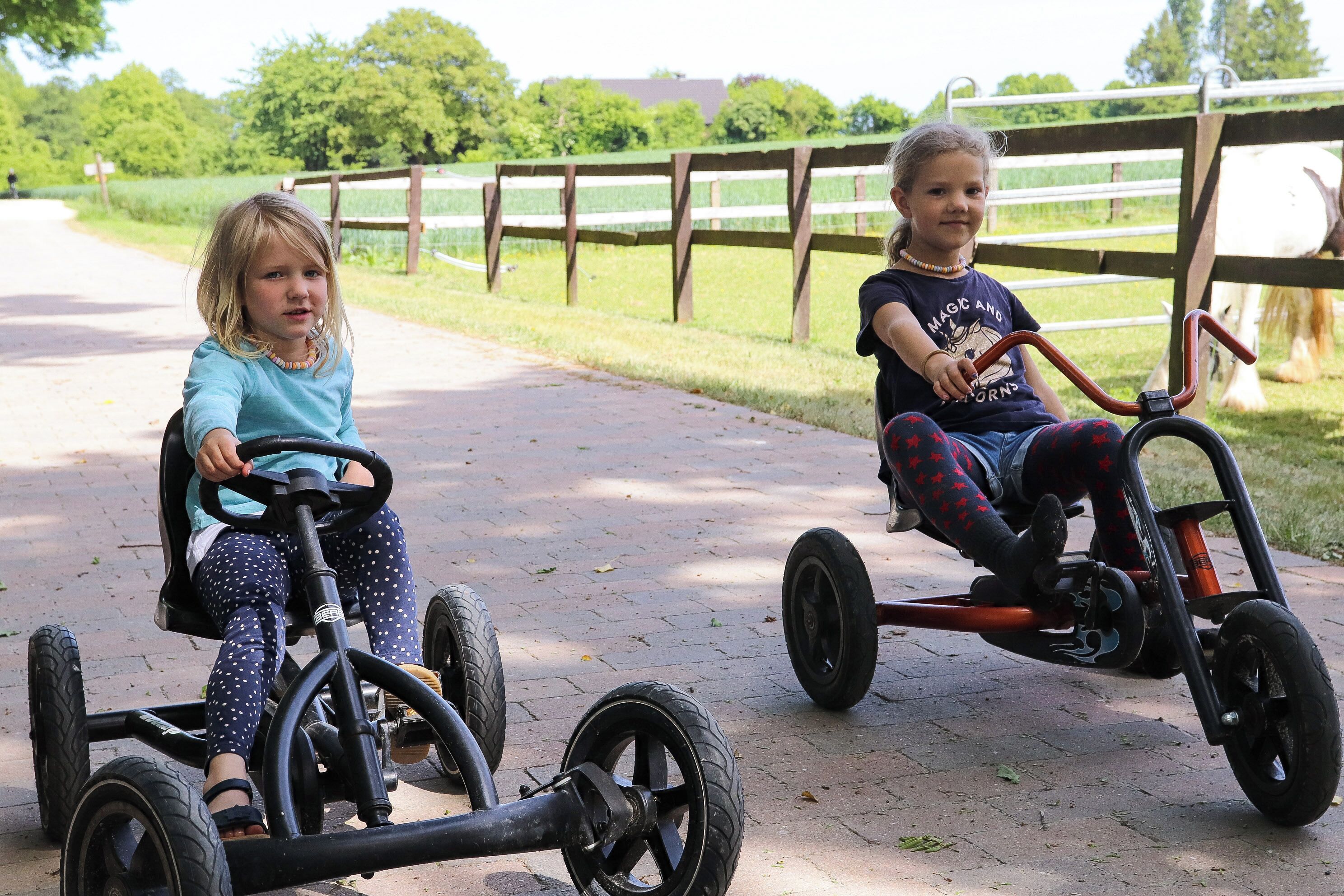 Two children riding tricycles on a paved path with a wooden fence and greenery in the background.
