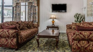 Uma sala de estar com sofás estampados, uma mesa de centro de madeira, uma televisão e uma janela com cortinas.
