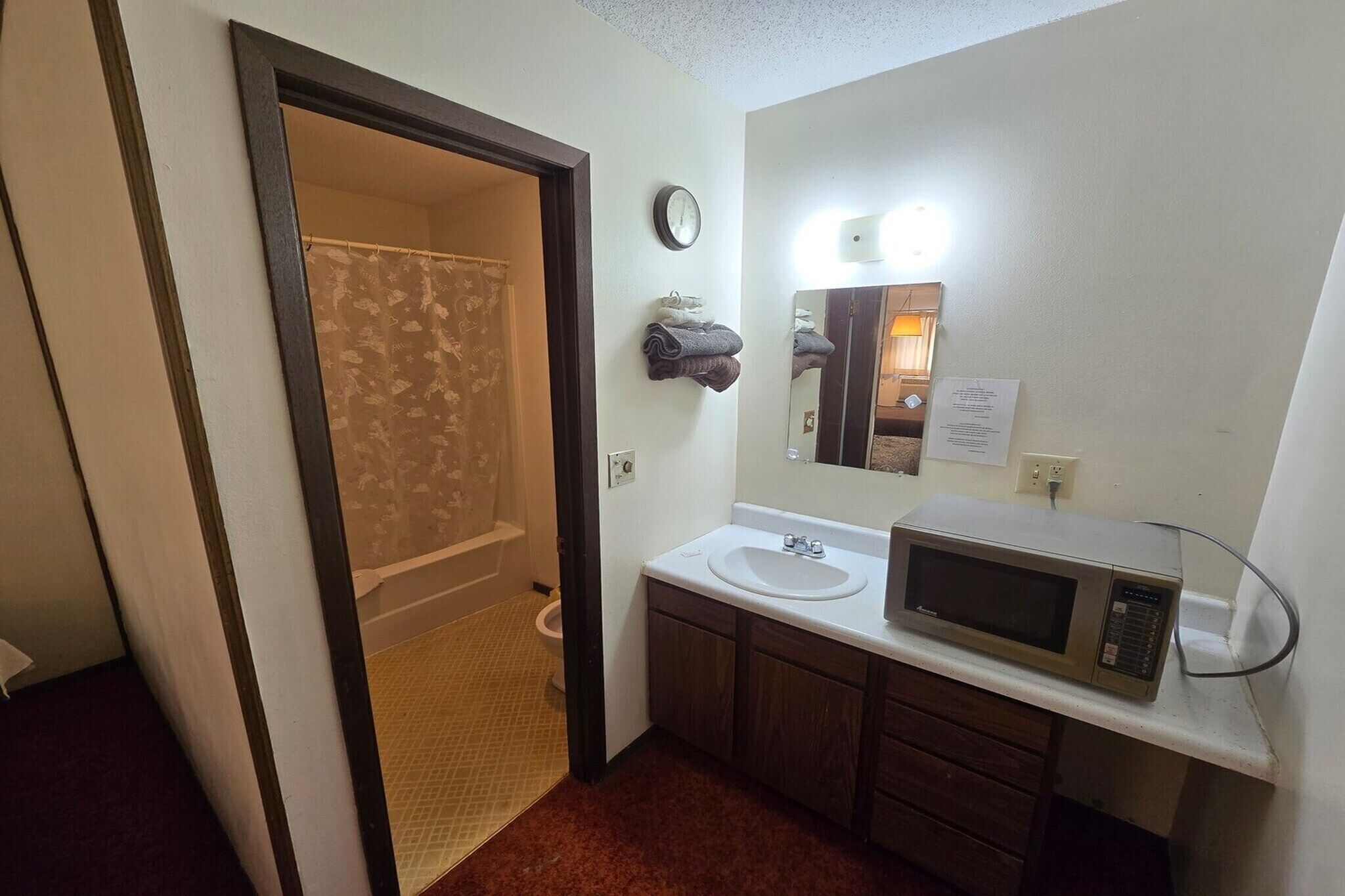 Ein Badezimmer mit Dusche, Waschbecken, Spiegel und einer Mikrowelle.