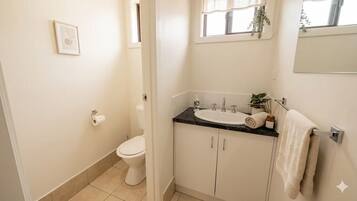 Hair dryer, towels, soap, shampoo