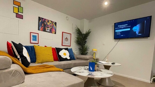 A living room with a grey sofa, colorful cushions, a flat-screen TV, and a coffee table. - Pet Friendly Urban Escape in Antwerp (Antwerp)