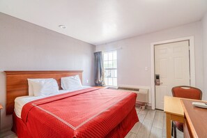 Une chambre d’hôtel avec un lit, un bureau, une chaise, une fenêtre avec des rideaux, une porte et un radiateur.