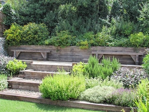 Ein Garten mit einer Holzbank, Stufen und verschiedenen Pflanzen.