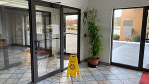 A hotel entrance with glass doors, a caution sign, a potted plant, and a red mat. - King Bed Smoking|Budget Inn Greenville (Greenville SC)