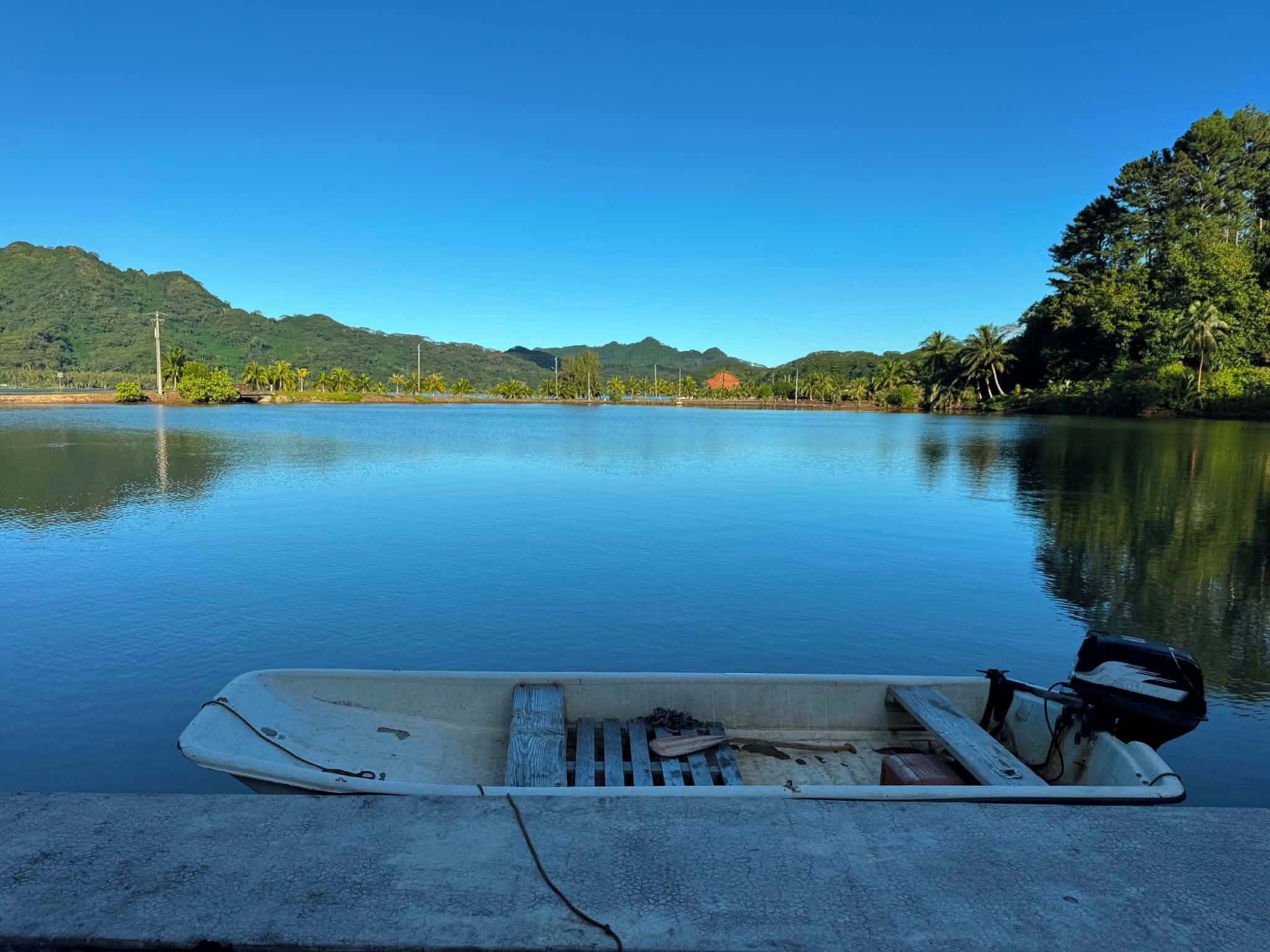 Un lago tranquilo con un bote amarrado en la orilla, rodeado de vegetación y colinas.