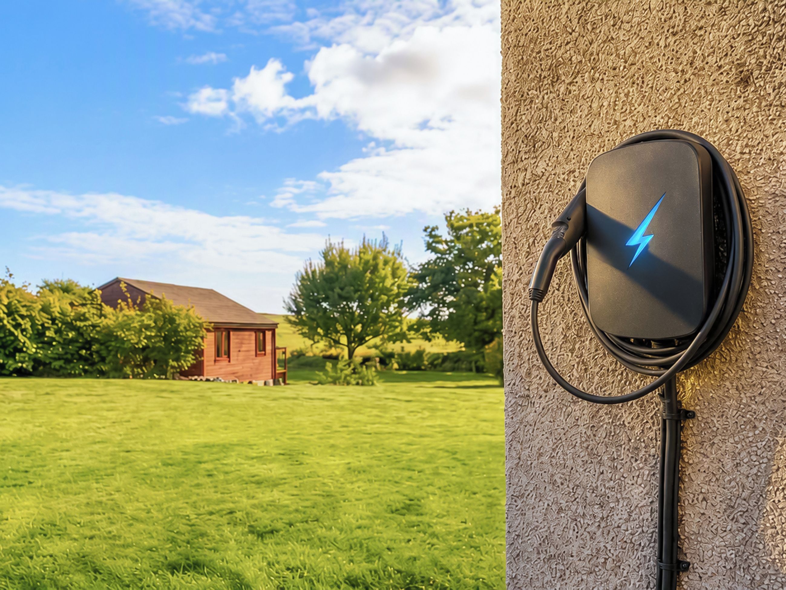A grassy field with a house and trees in the background, and a wall-mounted electric charging station.