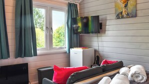 Une chambre avec un lit, une télévision, une fenêtre avec des rideaux, un tableau et un petit réfrigérateur.