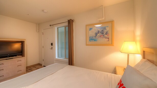Una habitación de hotel con cama, televisor, un cuadro y una lámpara.