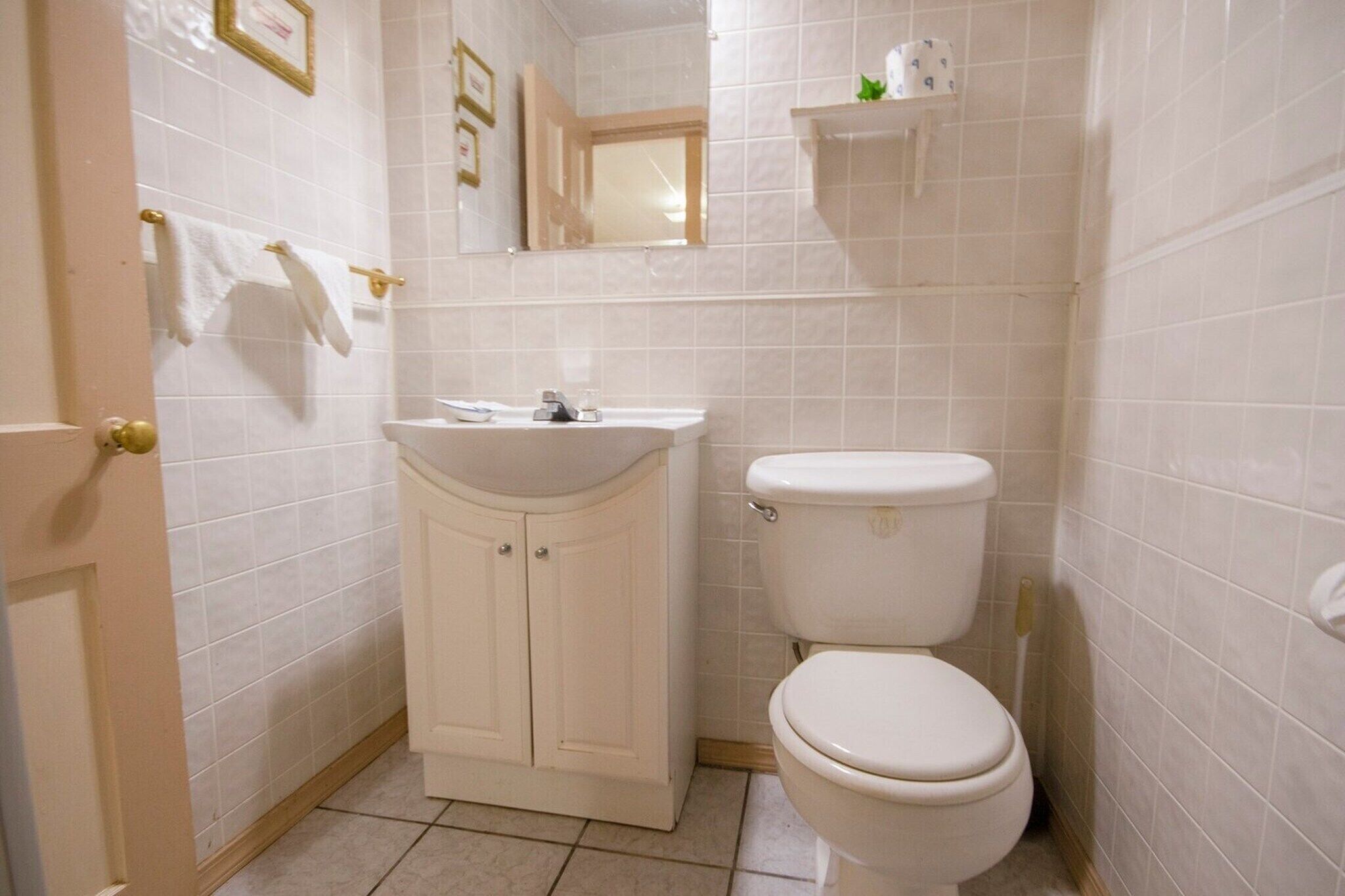 Ein Badezimmer mit Toilette, Waschbecken und Spiegel.