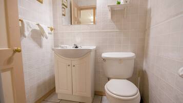 Ein Badezimmer mit Toilette, Waschbecken und Spiegel.