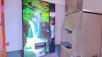 A room with a door featuring a waterfall mural, a vending machine, and a trash bin.