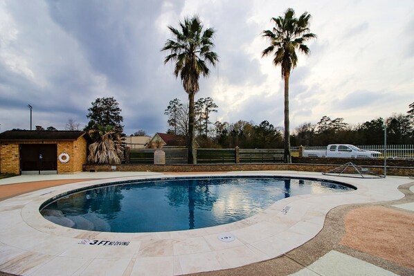 A swimming pool with a curved edge, surrounded by a paved area with palm trees and a fence.