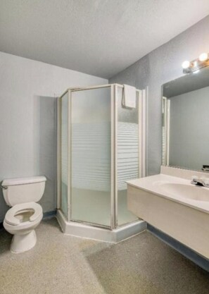 Un bany amb vàter, dutxa amb vidre i un lavabo amb mirall.