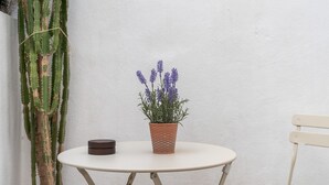 Une petite table ronde sur laquelle sont posés un pot de fleurs et une boîte, une chaise, et un cactus en arrière-plan.