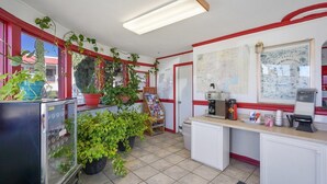 Un petit café avec un comptoir, un réfrigérateur et des plantes en pot.