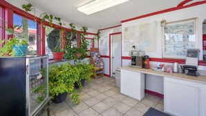 Un restaurant avec un comptoir, un réfrigérateur et des plantes en pot.