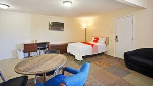 A hotel room with a bed, a desk, a chair, a TV, and a sofa.