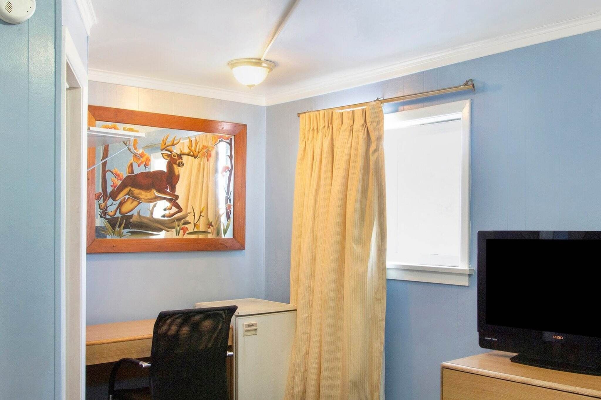 Una habitación con escritorio, silla, televisor y espejo en la pared con un cuadro de ciervo.