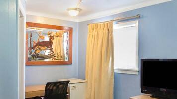 Una habitación con escritorio, silla, televisor y espejo en la pared con un cuadro de ciervo.