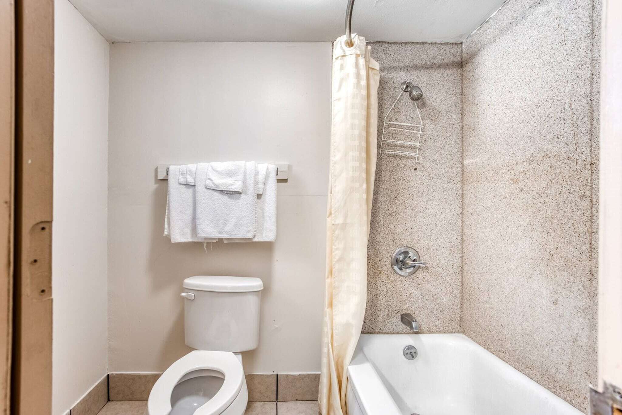 A bathroom with a toilet, a bathtub, and a shower curtain.