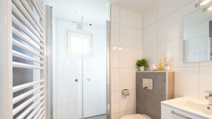 A modern bathroom with a glass shower enclosure, a white toilet, and a vanity with a mirror. - Pavilion L'etage Sauna 10 (Susteren)