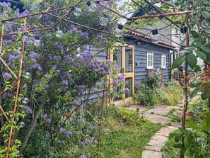 Una casa rustica con una porta di legno, immersa nel verde e circondata da fiori viola.