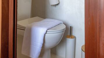 Une salle de bain équipée d’un WC, d’une serviette, d’un porte-rouleau de papier toilette, d’un sèche-cheveux et d’une petite poubelle.