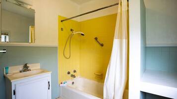 Une salle de bain avec une baignoire, une douche, un lavabo et un miroir.